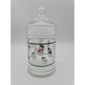 Vtg  Snowman Glass Apothecary Candy Jar with Lid Various Snowman Winter Snow 8"